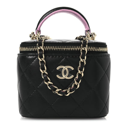 Lambskin Quilted Top Handle Mini Vanity Case With Chain Black Pink