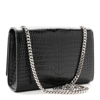 Calfskin Crocodile Embossed Small Classic Monogram Kate Tassel Satchel Black