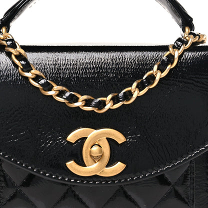 Shiny Lambskin Quilted Top Handle Card Holder On Chain Black
