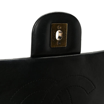 Glazed Calfskin Quilted Large Gold Bar Top Handle Flap Black