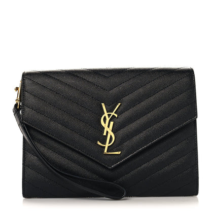 Grain De Poudre Matelasse Chevron Monogram Envelope Clutch Black