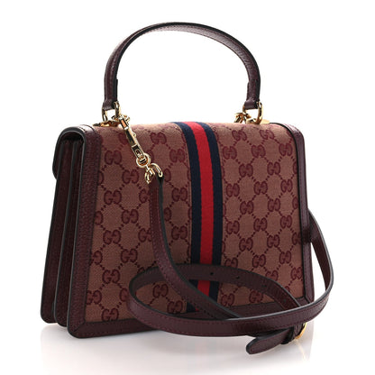 GG Supreme Monogram Textured Dollar Calfskin Web Small Ophidia Padlock Top Handle Bag Bordeaux