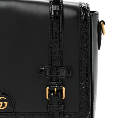 Calfskin Crocodile GG Double Buckle Medium Messenger Bag Black