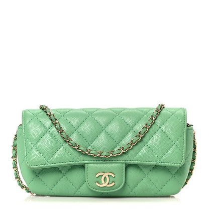Caviar Quilted Flap Phone Holder With Chain Green