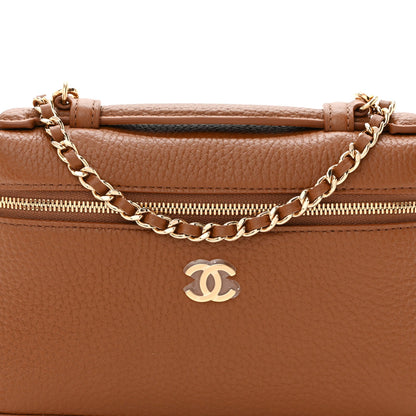 Grained Calfskin Top Handle Slim Vanity Case With Chain Camel