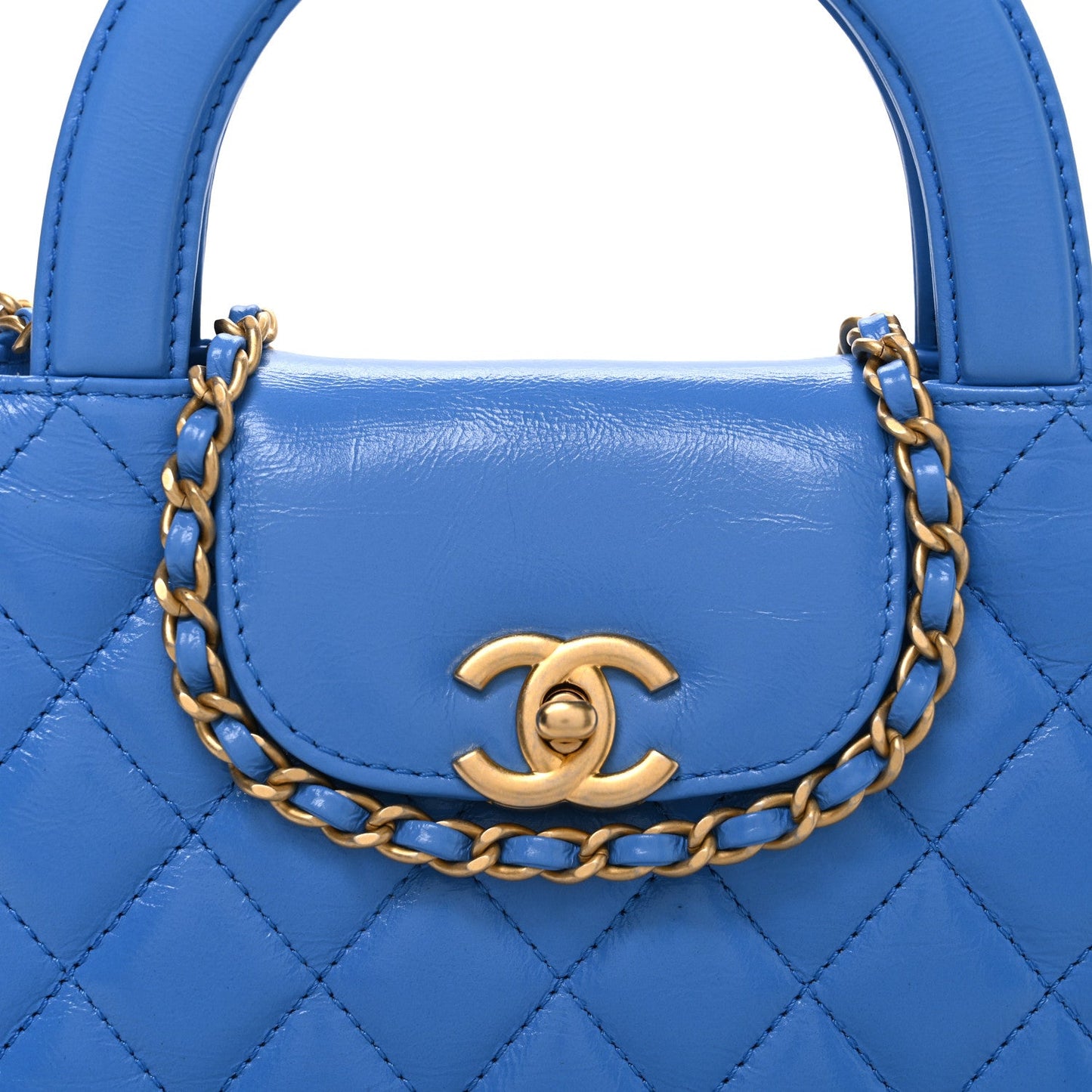 Shiny Aged Calfskin Quilted Nano Kelly Shopper Blue