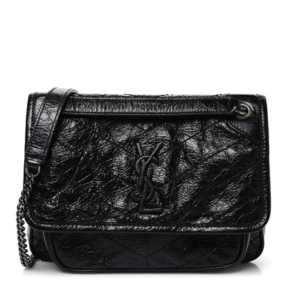 Crinkled Calfskin Matelasse Monogram Baby Niki Chain Satchel Black