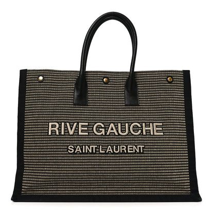 Embroidered Cotton Linen Rive Gauche Noe Tote Black Beige