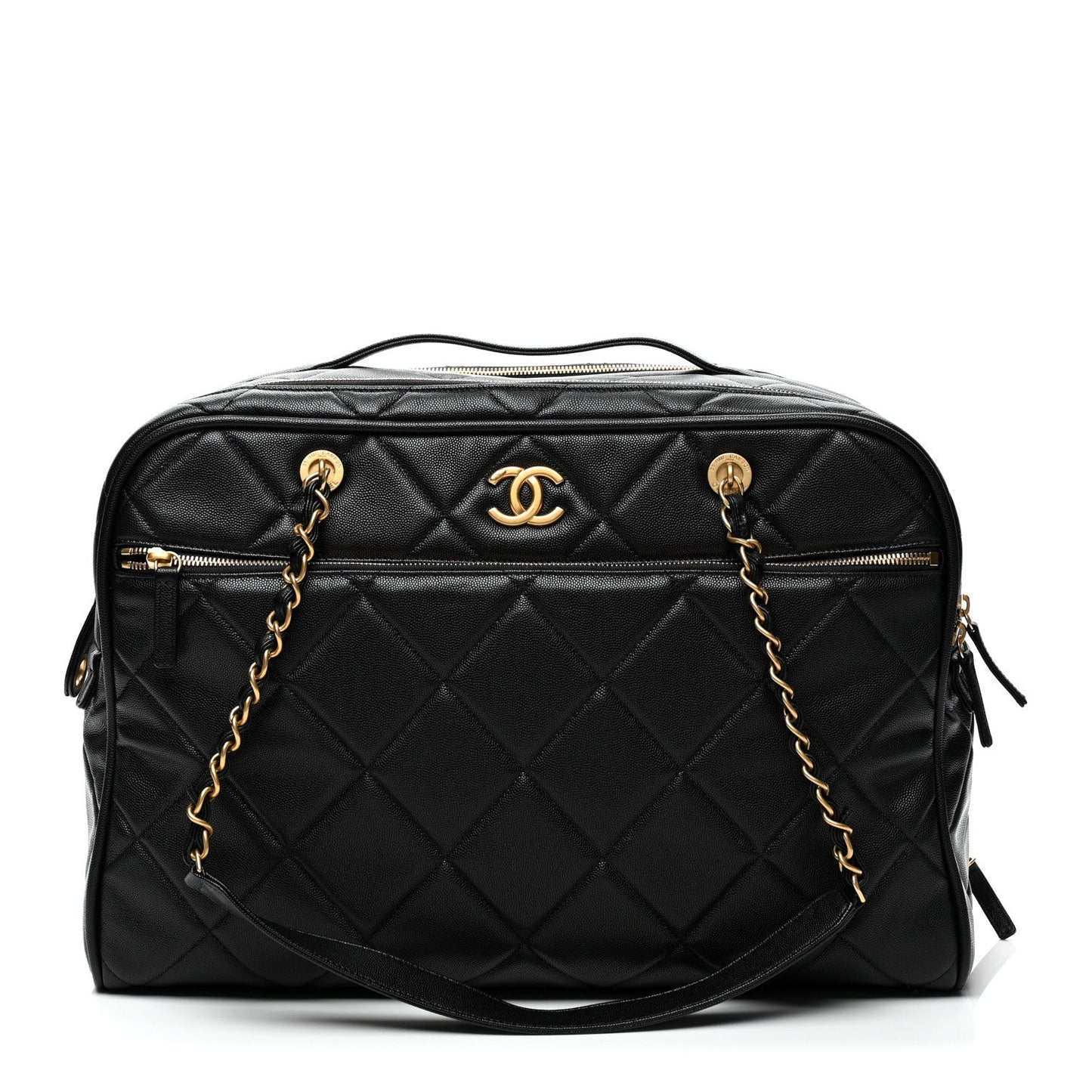 Shiny Grained Calfskin Quilted Travel Bowling Bag Black