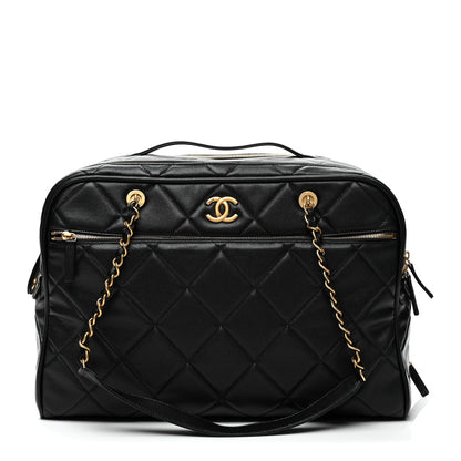 Shiny Grained Calfskin Quilted Travel Bowling Bag Black