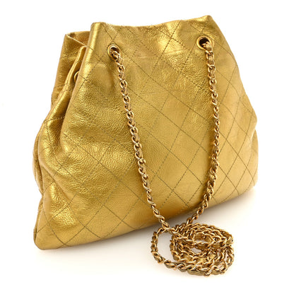 Metallic Calfskin Quilted Small Drawstring Bag Gold