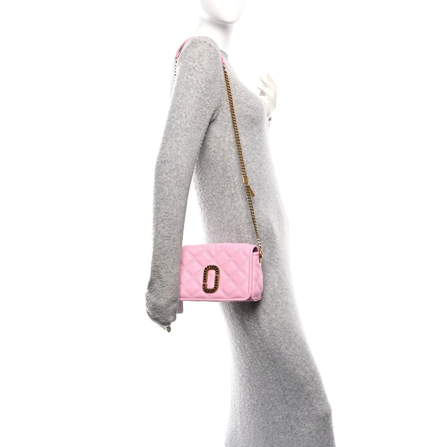 Grained Calfskin Quilted Double Stitched Small The Status Shoulder Bag Pink