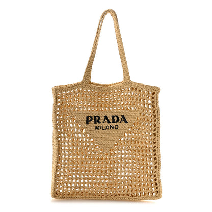Yarn Raffia Effect Crochet Logo Embroidered Tote Bag Naturale