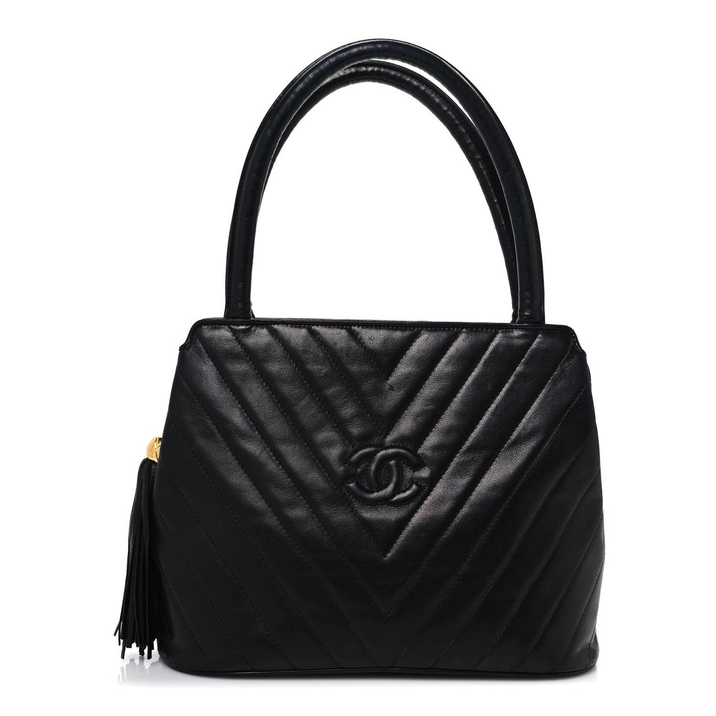 Lambskin Chevron Quilted Top Handle Tote Bag Black