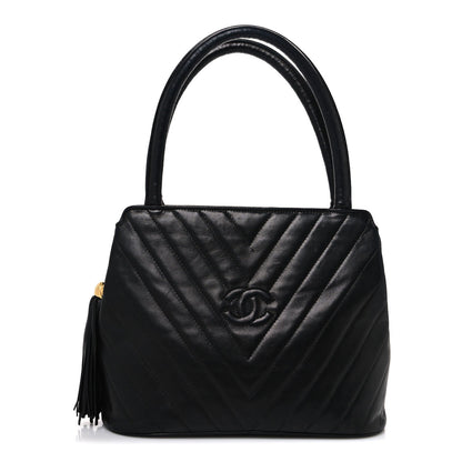 Lambskin Chevron Quilted Top Handle Tote Bag Black