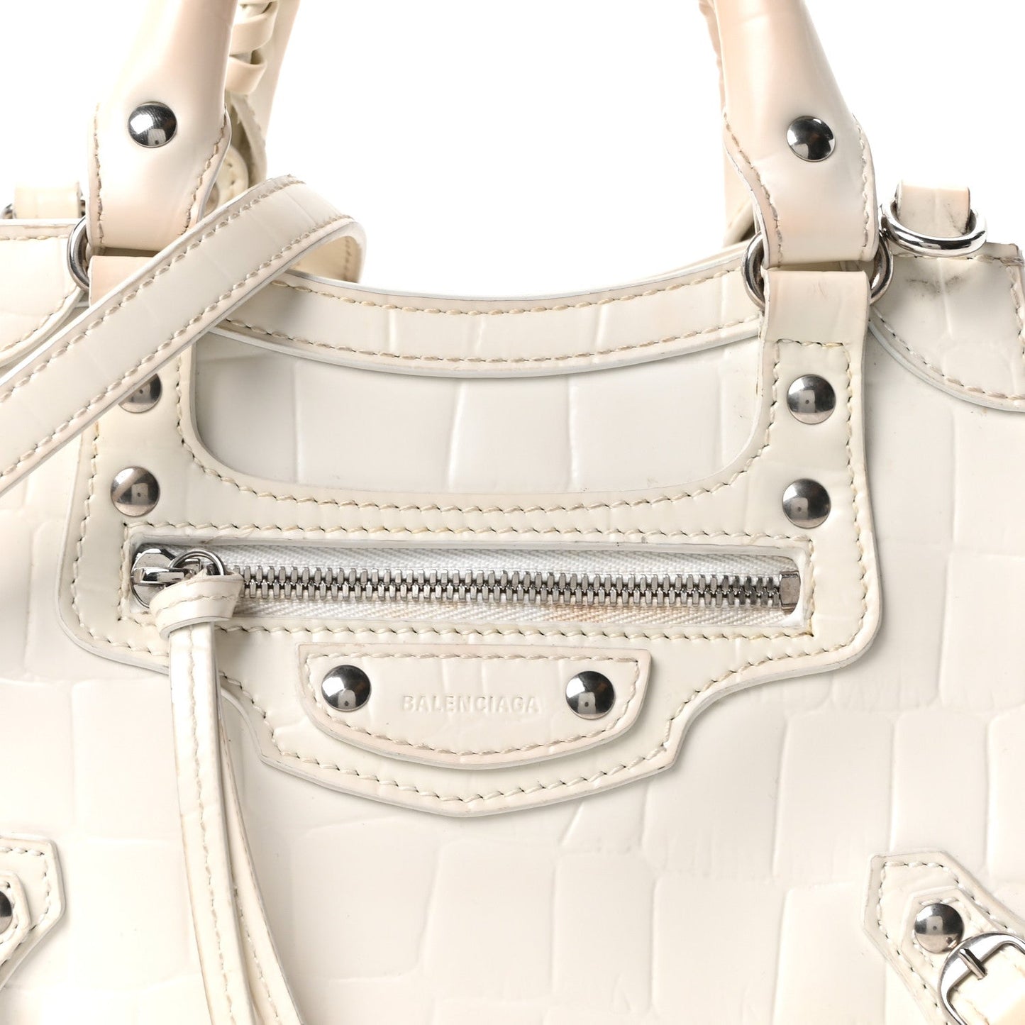 Semi Shiny Calfskin Crocodile Embossed Neo Classic Silver Hardware Nano City Crossbody White