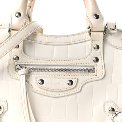 Semi Shiny Calfskin Crocodile Embossed Neo Classic Silver Hardware Nano City Crossbody White