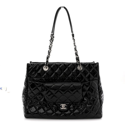 Patent Quilted Large Coco Shine Shopping Tote Black