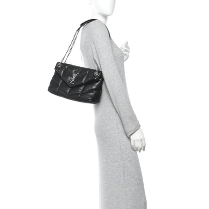 Lambskin Quilted Small Loulou Puffer Monogram Chain Satchel Black