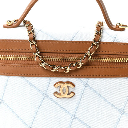 Washed Denim Calfskin Quilted Top Handle Slim Vanity Case With Chain Blue Brown