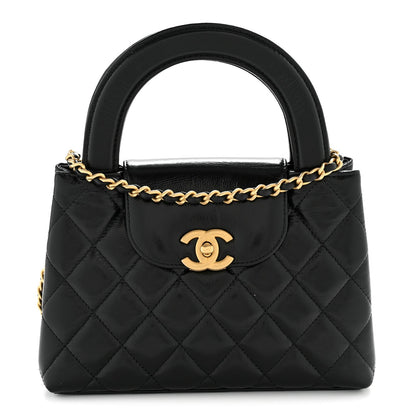 Shiny Aged Calfskin Quilted Nano Kelly Shopper Black