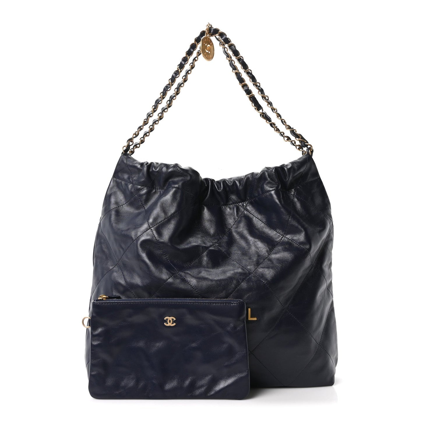 Shiny Calfskin Quilted Chanel 22 Navy Blue