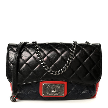 Shiny Goatskin Quilted Tri-Color Flap Black Red Navy