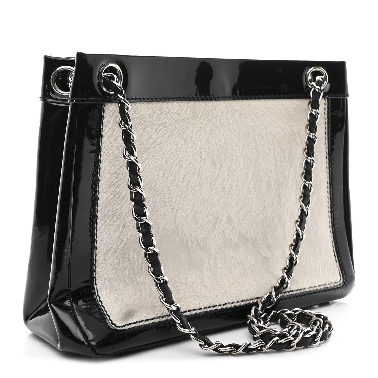 Patent Pony Hair Small Pocket Tote Black White