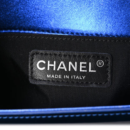Metallic Patent Calfskin Quilted Small Boy Flap Blue