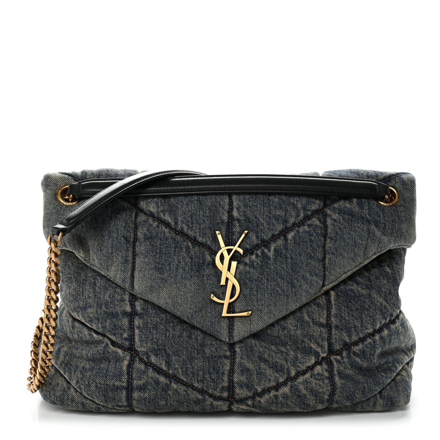Denim Quilted Medium Loulou Puffer Monogram Chain Satchel Blue Cinnamon