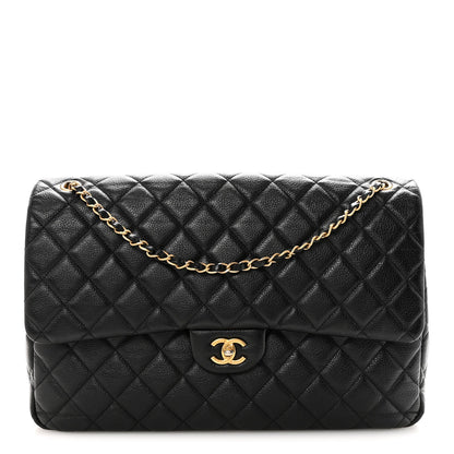 Grained Calfskin Quilted XXL Travel Flap Bag Black