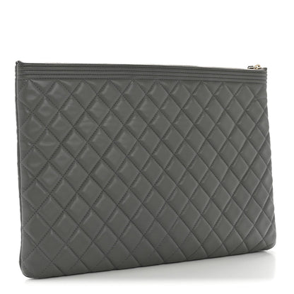 Lambskin Quilted Large Boy Zip Pouch Grey