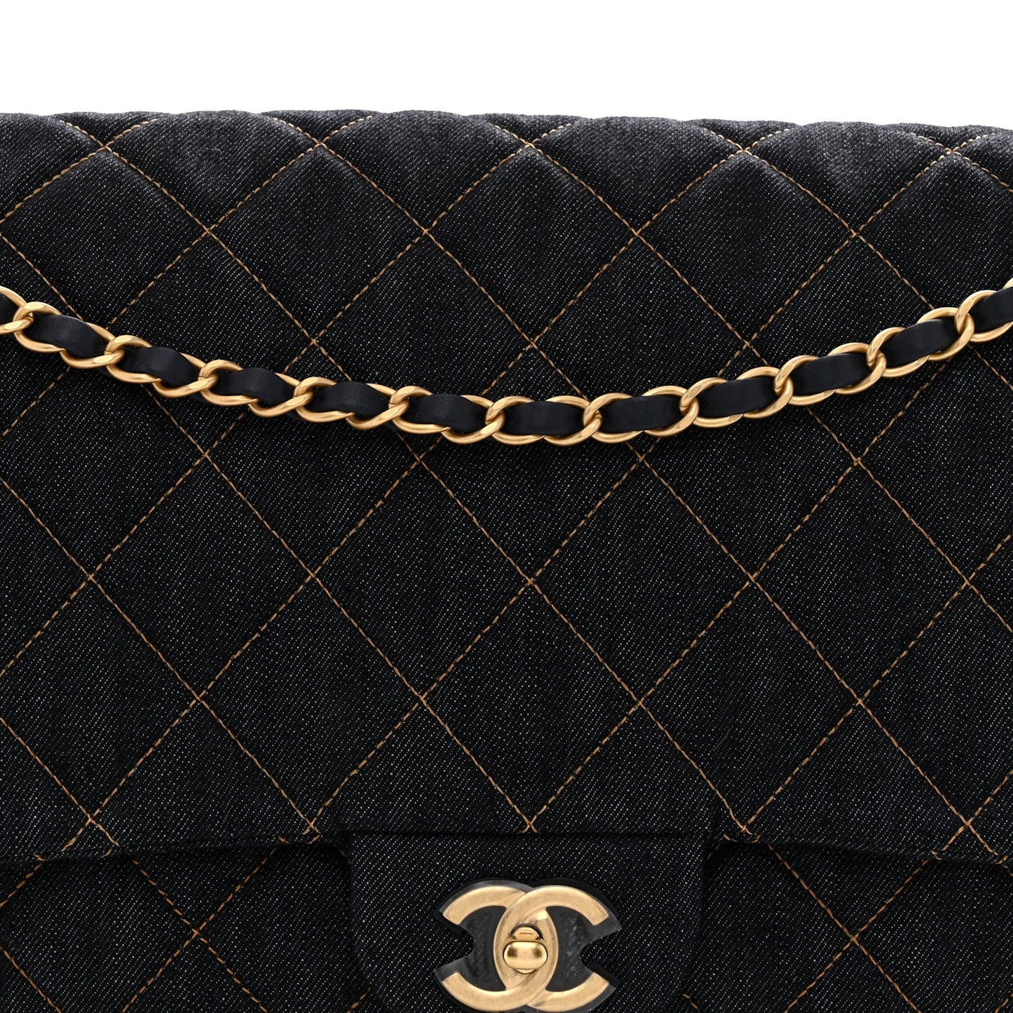Denim Quilted XXL Travel Flap Bag Dark Blue Orange
