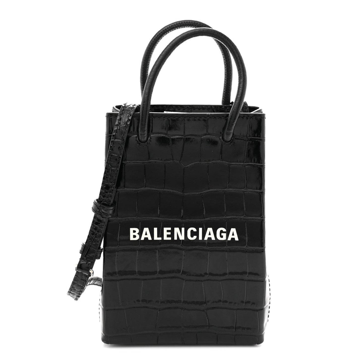 Calfskin Crocodile Embossed Logo Shopping Phone Holder Bag Black
