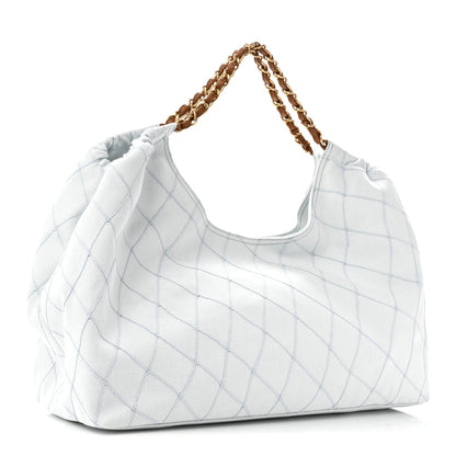 Denim Calfskin Quilted Coco Beach Small Shopping Tote Light Blue Brown