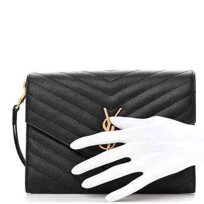 Grain De Poudre Matelasse Chevron Monogram Envelope Clutch Black