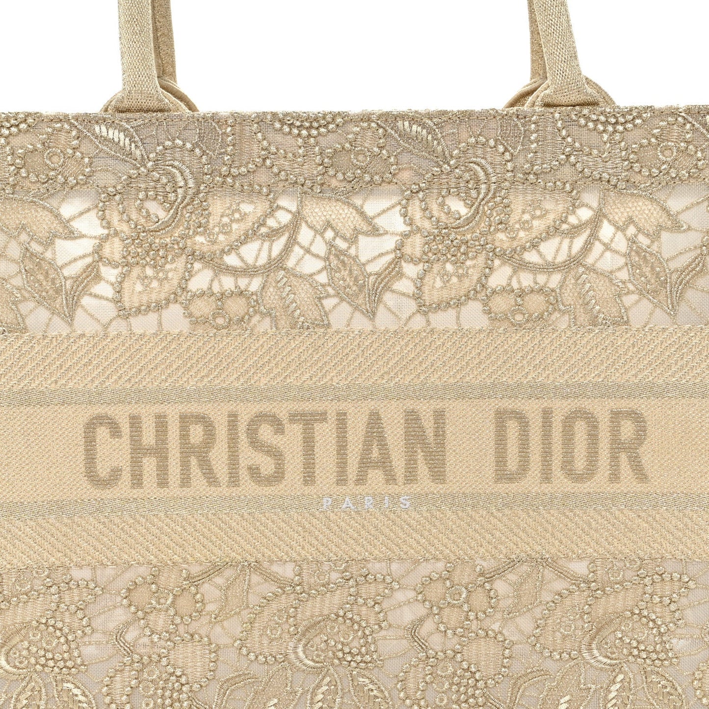 Transparent Metallic Embroidered Mesh Macrame Medium Book Tote Gold
