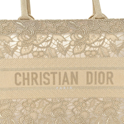 Transparent Metallic Embroidered Mesh Macrame Medium Book Tote Gold
