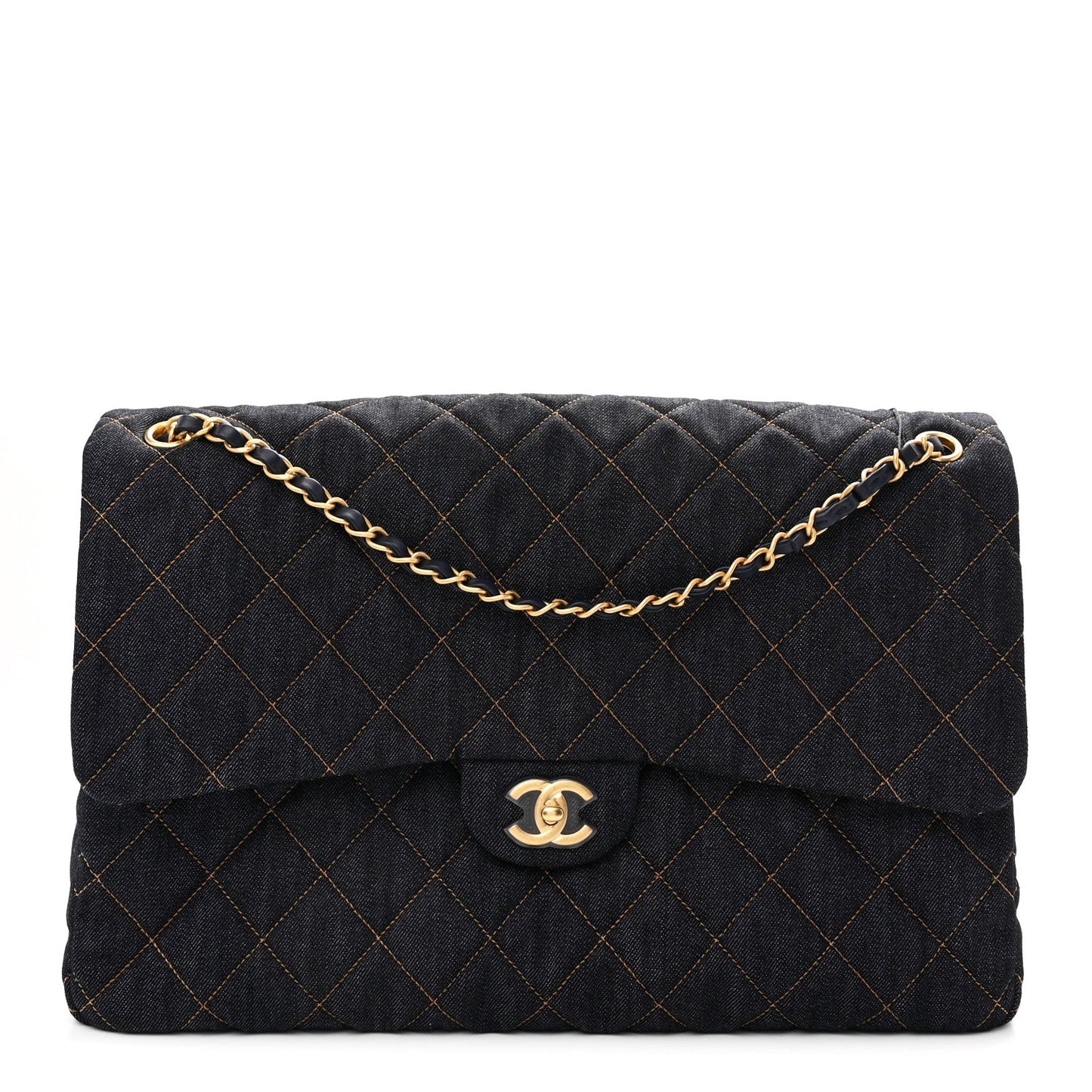 Denim Quilted XXL Travel Flap Bag Dark Blue Orange