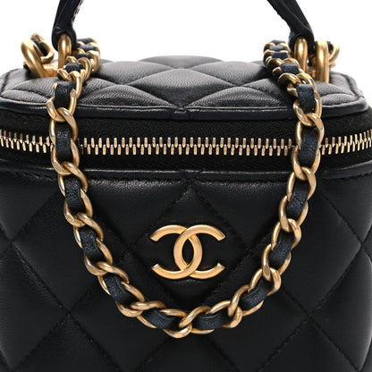 Lambskin Quilted Metal Mini Top Handle Vanity Case With Chain Black