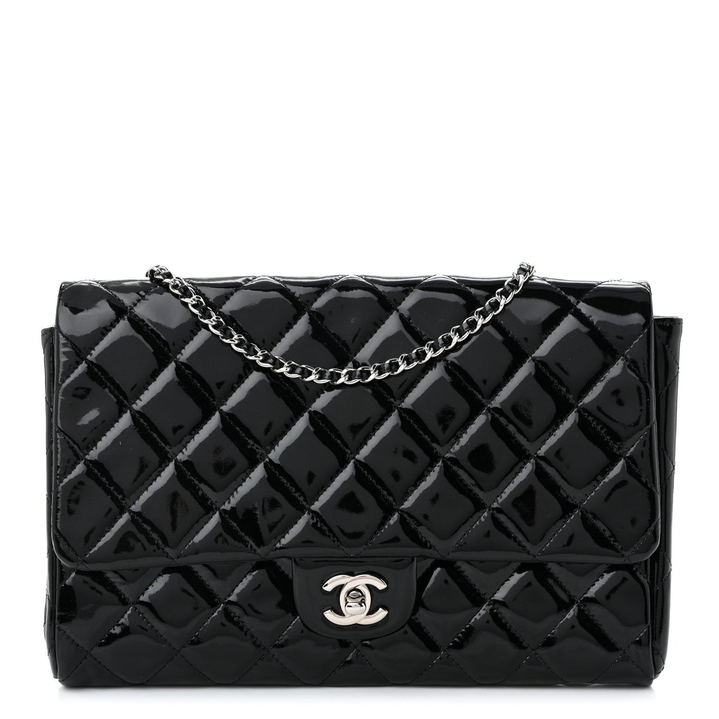 Patent Quilted Clutch with Chain Flap Black