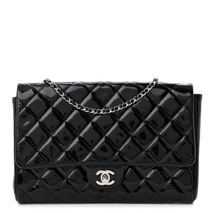 Patent Quilted Clutch with Chain Flap Black