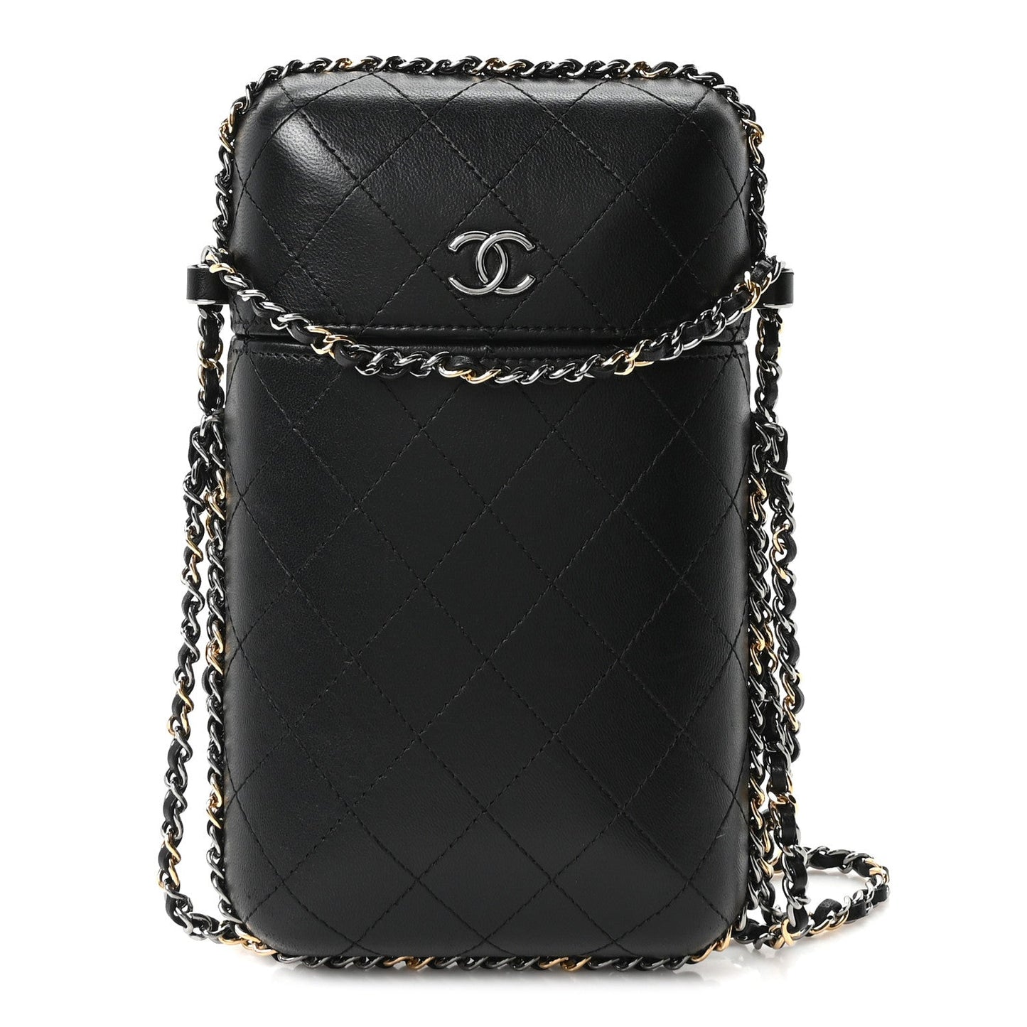 Lambskin Quilted Chain Around Phone Holder Black