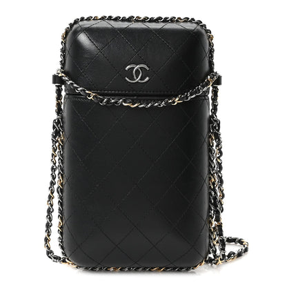 Lambskin Quilted Chain Around Phone Holder Black