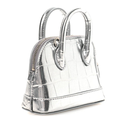 Metallic Calfskin Logo Crocodile Embossed Mini Ville Top Handle Bag Silver Black