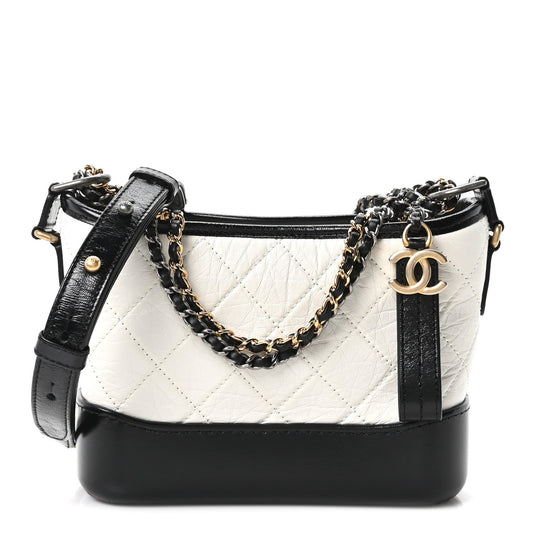 Aged Calfskin Quilted Small Gabrielle Hobo Black White