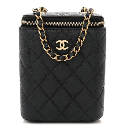 Caviar Quilted Small Vertical Coco Beauty Vanity Case With Chain Black