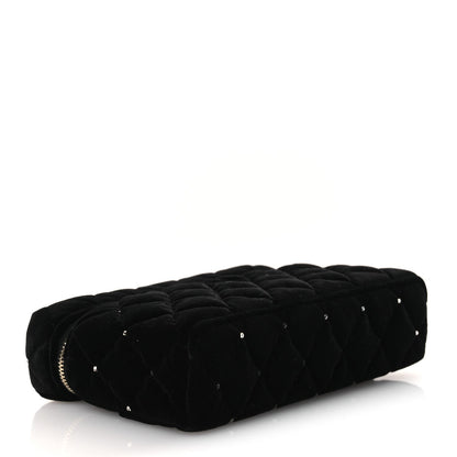Velvet Diamanté Quilted Top Handle Slim Vanity Case With Chain Black