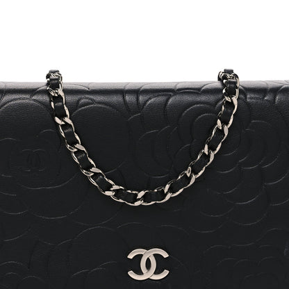 Lambskin Camellia Embossed Wallet on Chain WOC Black