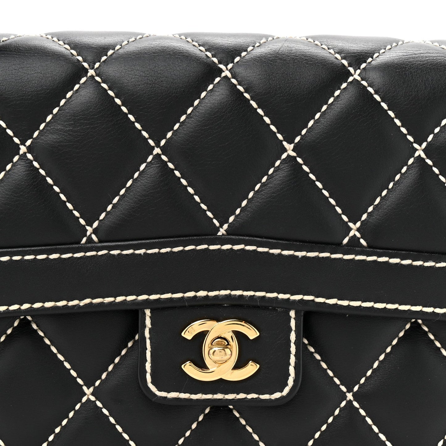 Calfskin Quilted Wild Stitch Large Top Handle Flap Black
